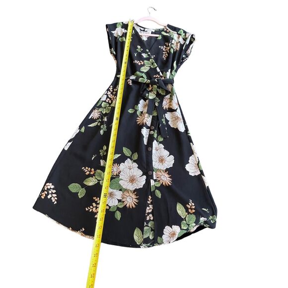 Monteau Black Floral‎ Wrap Front Tie Waist Women’s Floral Size XS Midi Dress - Picture 9 of 10